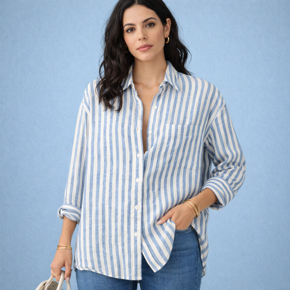 Faherty Size Large L Laguna Relaxed Blue White Stripe Print Linen Top Blouse